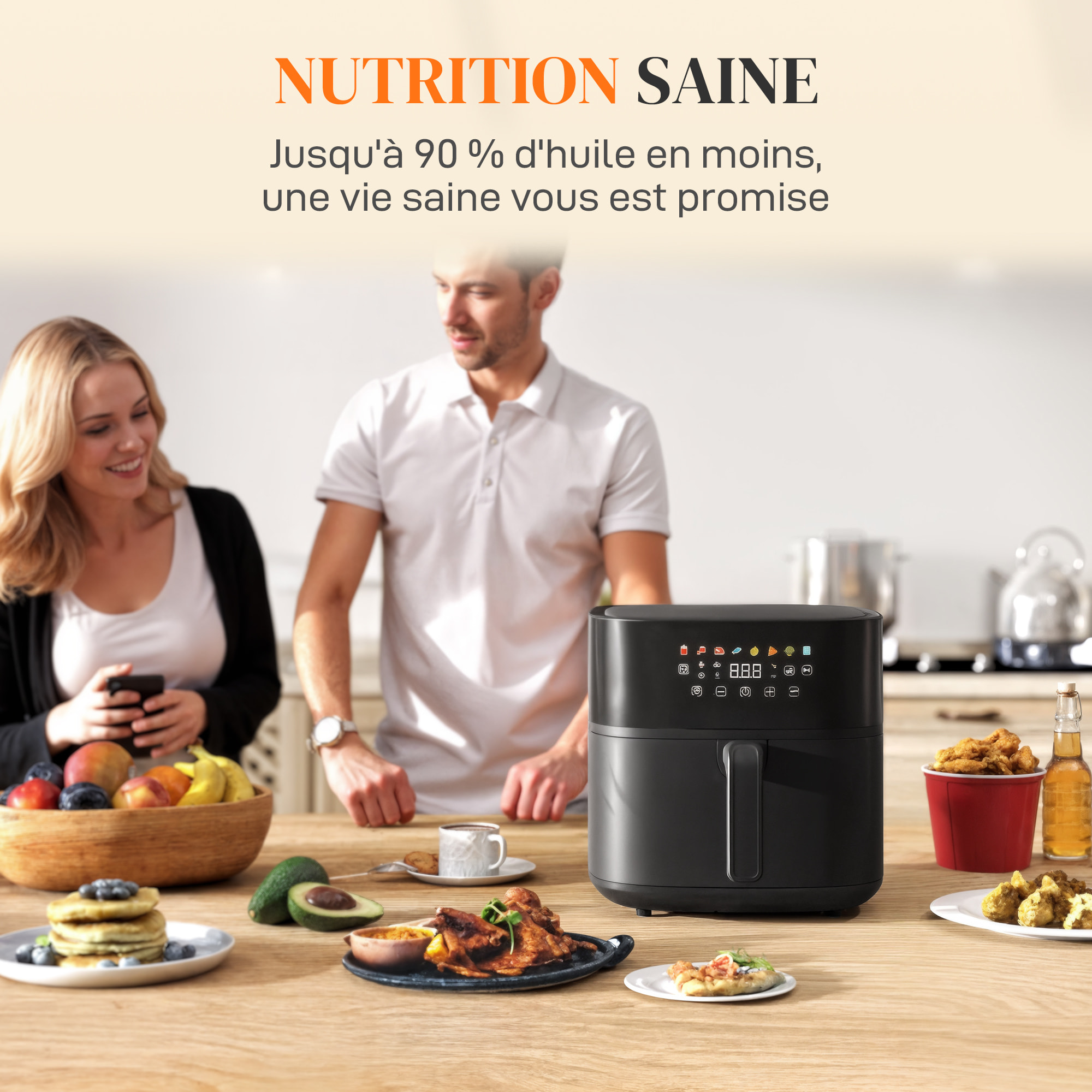 Friteuse à air friteuse sans huile air fryer 1700W 8L 8 prog. écran tactile LED multifonction noir