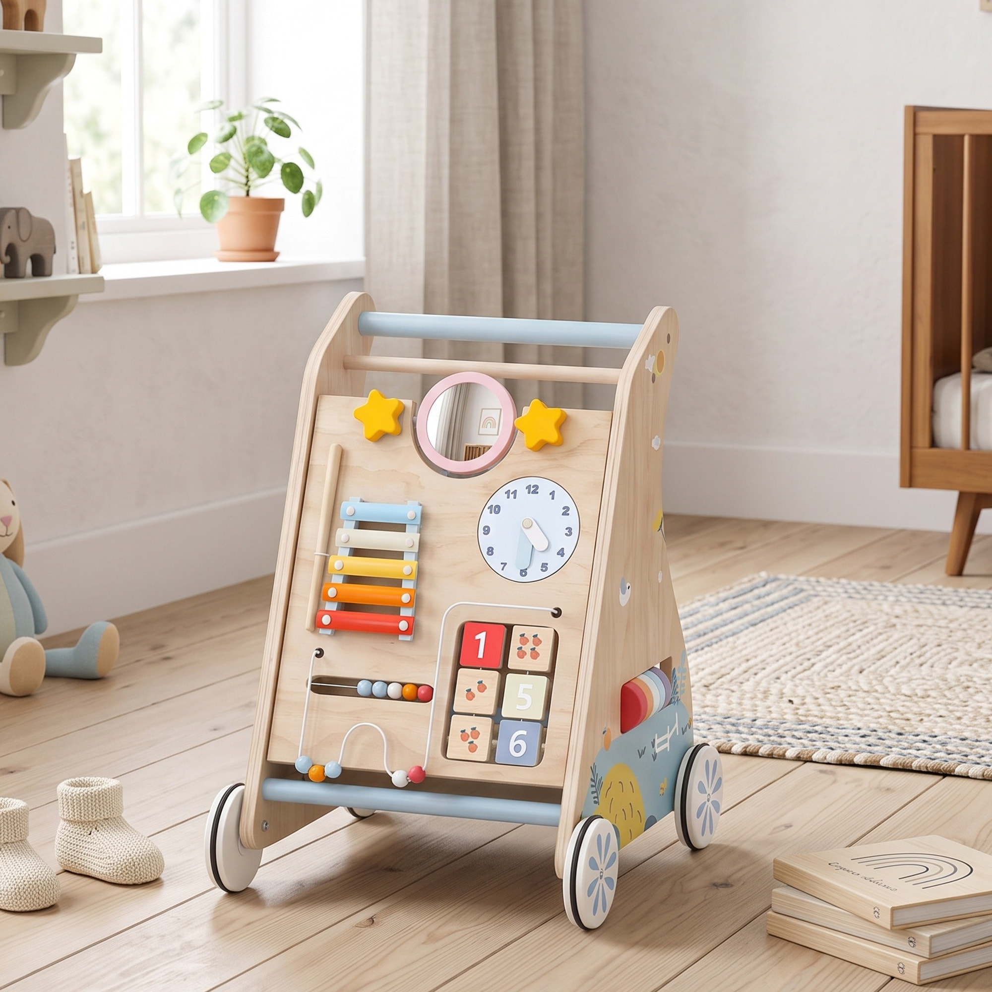 Chariot de marche en bois trotteur bébé avec tableau d'activités
