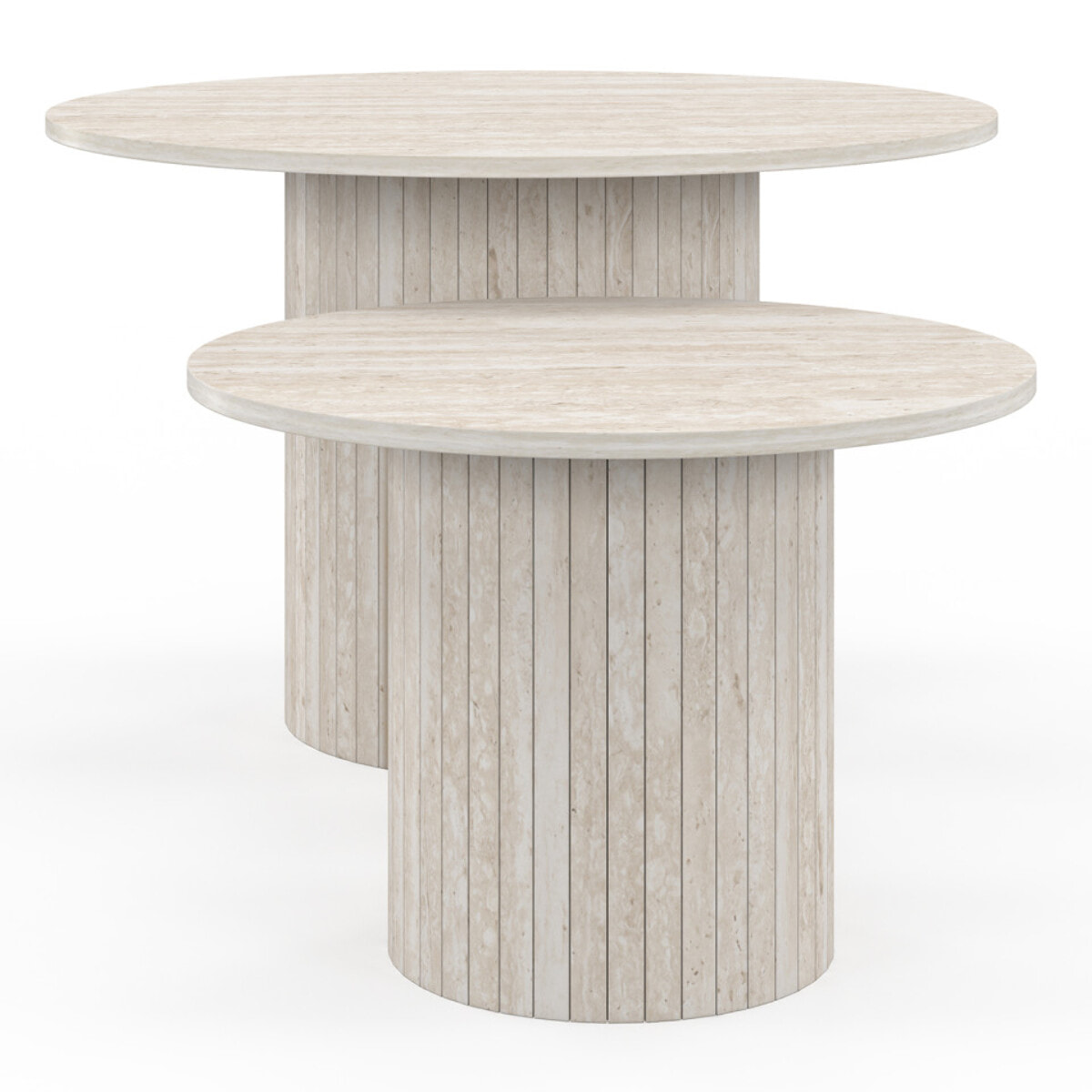 Tables basses rondes gigognes Alvar effet travertin et pieds lattes - lot de 2