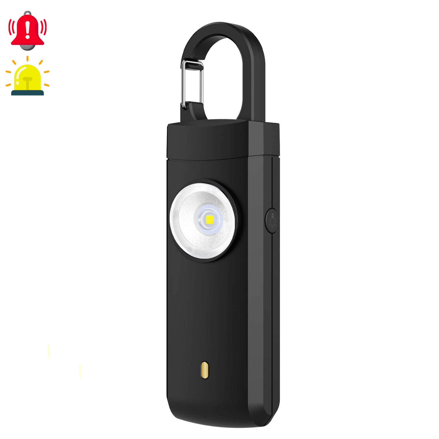 Alarma SOS personal con luz LED brillante de 40lm y sonido de 130dB. Batería recargable y activación rápida por tirón de anilla.