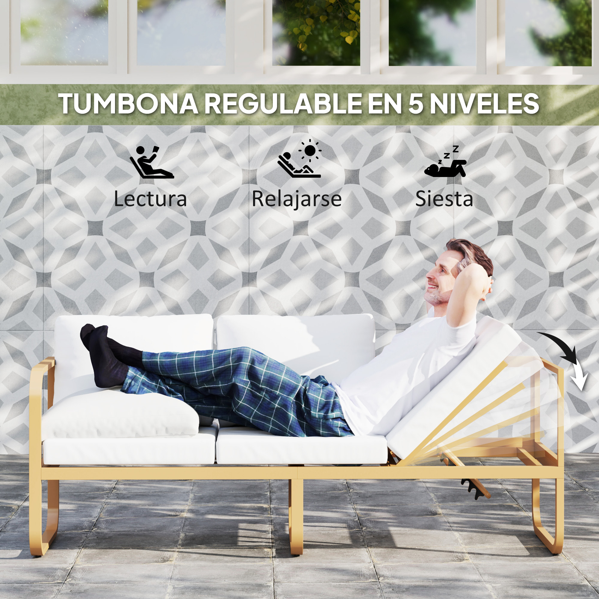Conjunto de Jardín Exterior de 3 Piezas Muebles Jardín Exterior con Sofá de 3 Plazas con Asiento Ajustable Sofá de 2 Plazas y Mesa de Centro de Vidrio con Cojines Crema