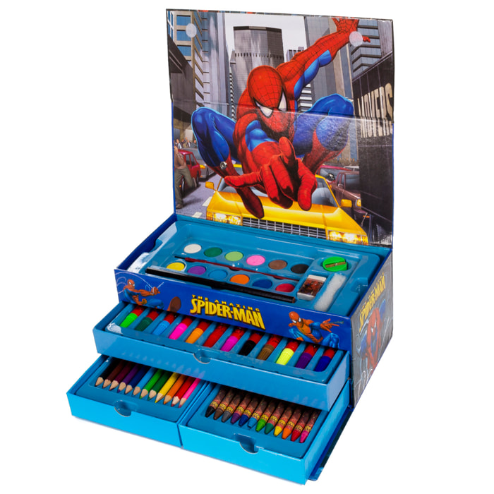 Set de pintura en maletín con cajones, 54 piezas diseño Spiderman. Incluye lápices, acuarelas, rotuladores, ceras y accesorios.