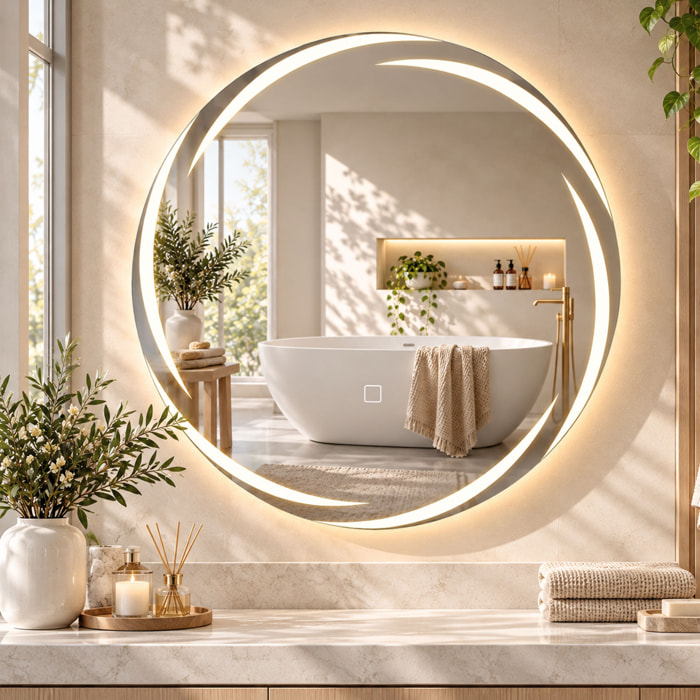 HOMCOM Espejo de Baño Redondo con Luces LED, 60x60 cm, Espejo de Pared, Antivaho, Memoria, 3 Temperaturas de Color, Brillo Ajustable, IP44, para Entrada, Pasillo, Plata