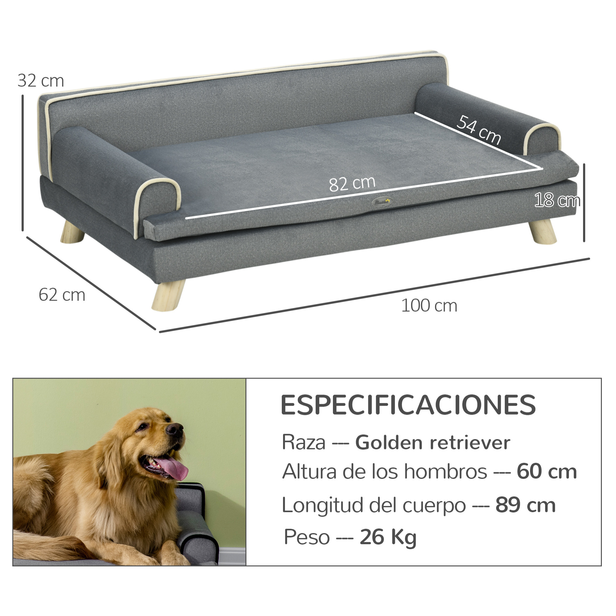 Sofá para Perros Grandes y Medianos, 100x62x32 cm, Cama Elevada para Perros, Tapizada en Chenilla, con Cojín Lavable y Patas de Madera de Pino, Gris Oscuro