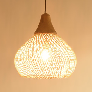 SIXTINE - Suspension 'cloche' 40x40cm rotin couleur naturelle et teck