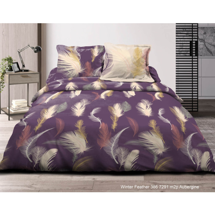 Pack complet Feather Aubergine housse de couette 100% coton / 57 fils/cm²