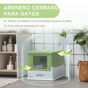 Arenero Cubierto para Gatos Bandeja Higiénica Desmontable con Entrada Frontal y Salida Superior con Pala Incluida para Gatos de hasta 5kg 47,5x35,5x36,7 cm Verde Aguacate y Blanco