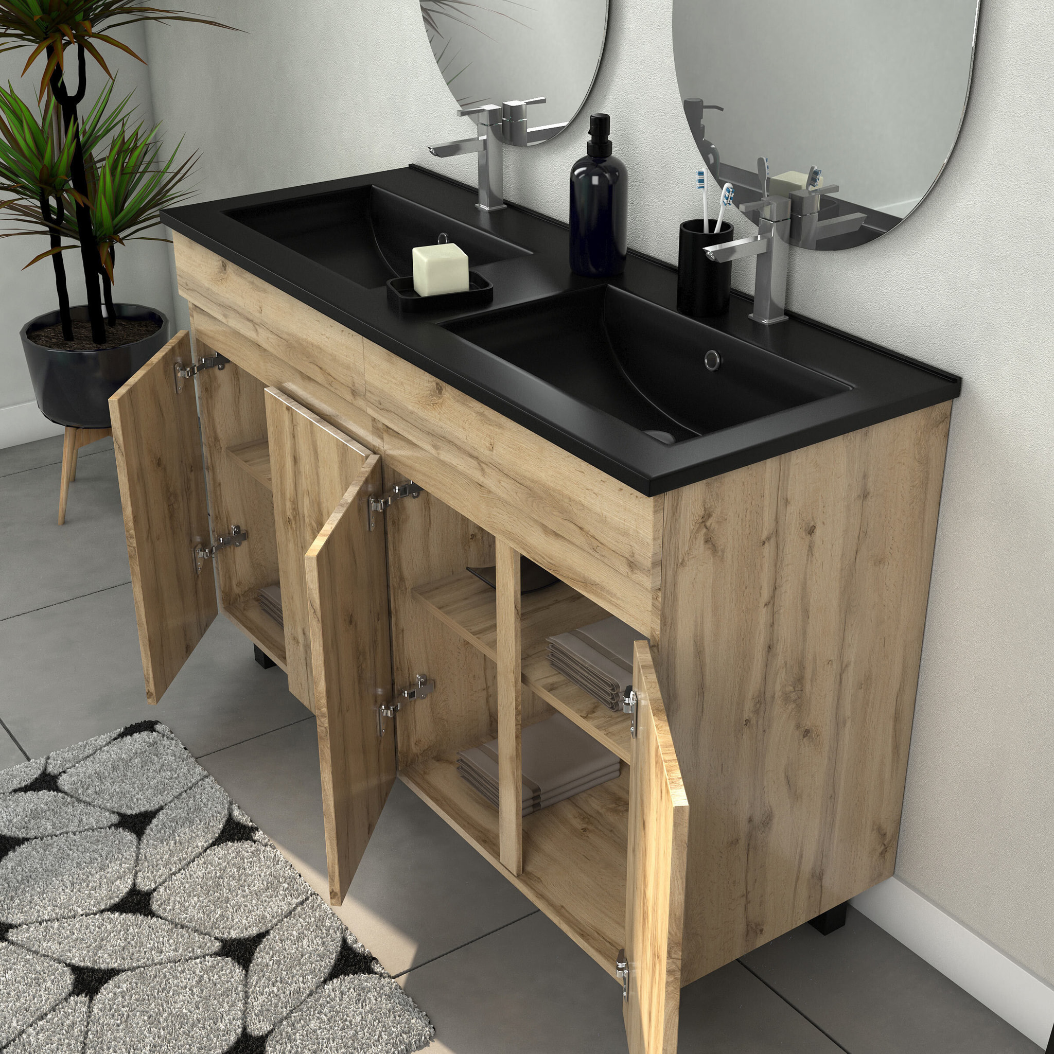 Meuble Salle de Bains 120cm 4 Portes Chêne Naturel + Vasque Noire et Miroirs Ovales