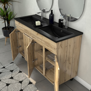 Meuble Salle de Bains 120cm 4 Portes Chêne Naturel + Vasque Noire et Miroirs Ovales