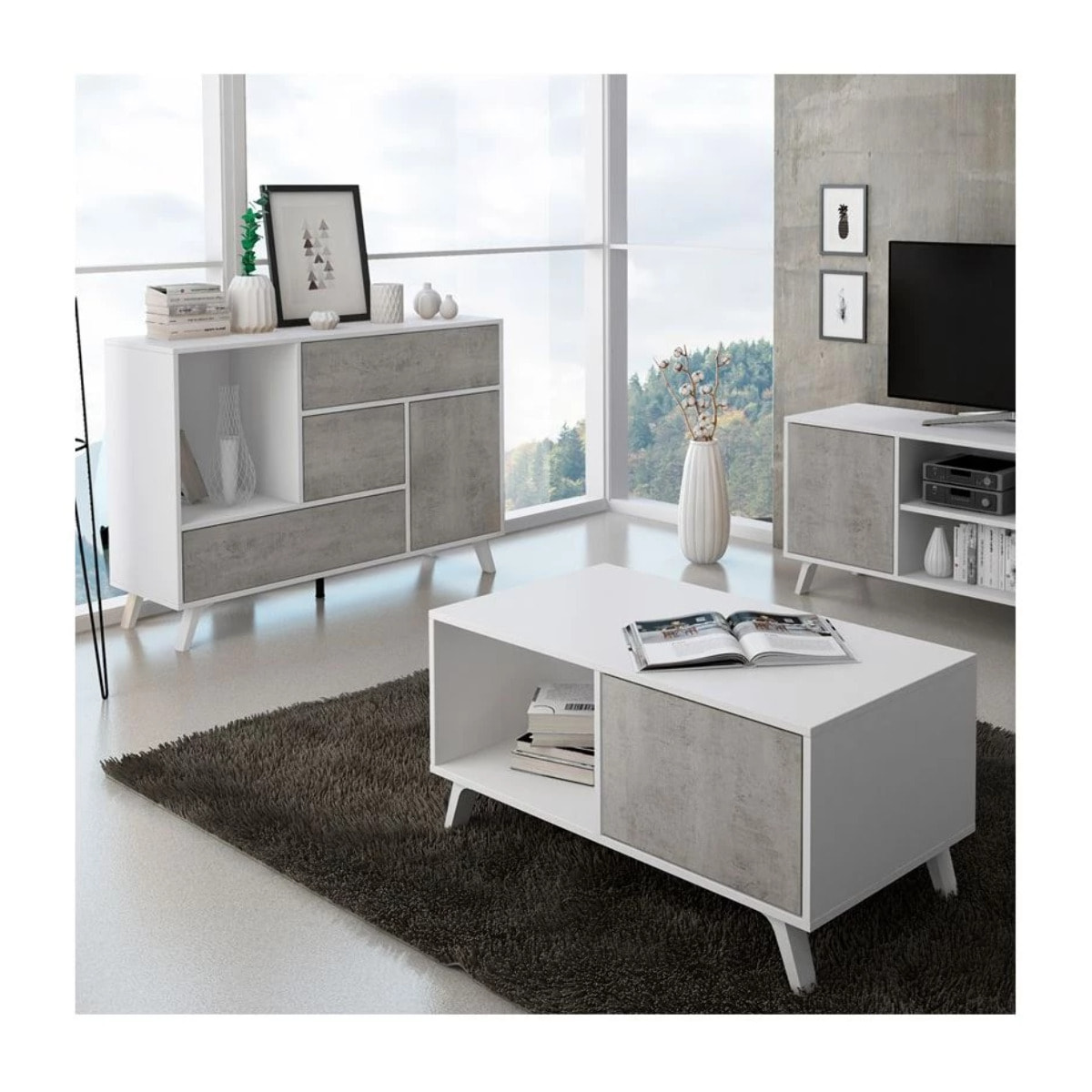 Mesa de centro Wind Blanco mate - Gris cemento