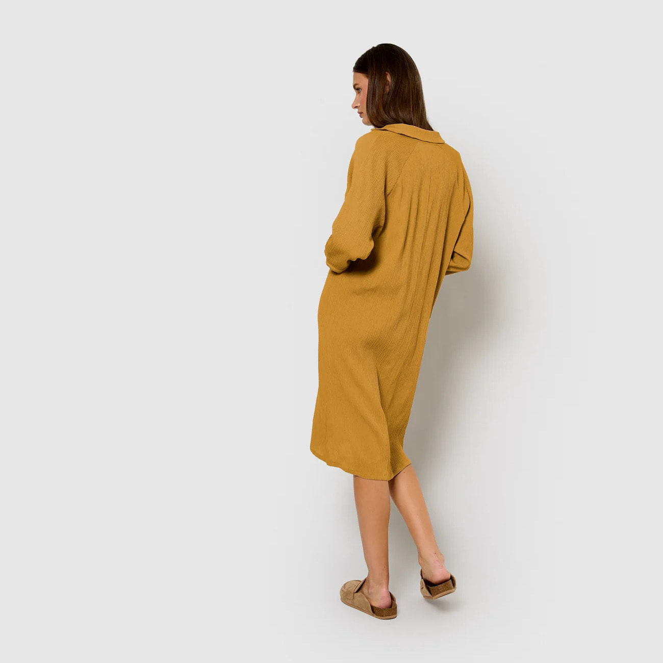 Vestido midi algodón lino ocre
