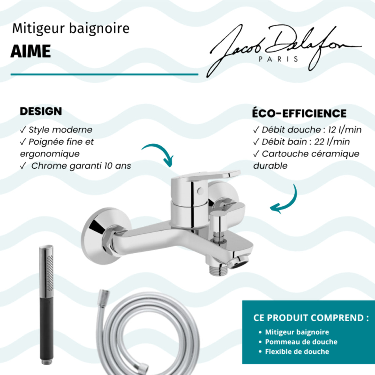 Mitigeur baignoire Aimé + pommeau de douche Shift Ellipse + flexible de douche lisse