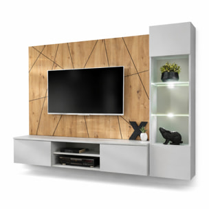 Parete Attrezzata Moderna Per Tv Con Pannello Design Geometrico Mobile 2 Ante Ribalta E Pensile Con Vetrina E Led 200 x 35 x 148 Cm Grigio E Rovere