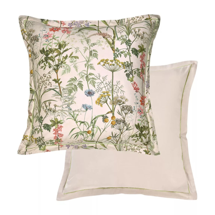 Taie d'oreiller satin de coton imprimé rose beige vert Prairie legere beige