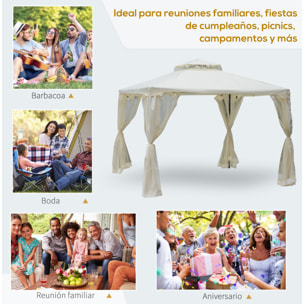 Cenador de Jardín 3x3 m Pabellón de Exterior con Doble Techo de Ventilación 4 Cortinas Mosquiteras Laterales con Cremallera 4 Orificios de Drenaje para Fiestas Patio Crema