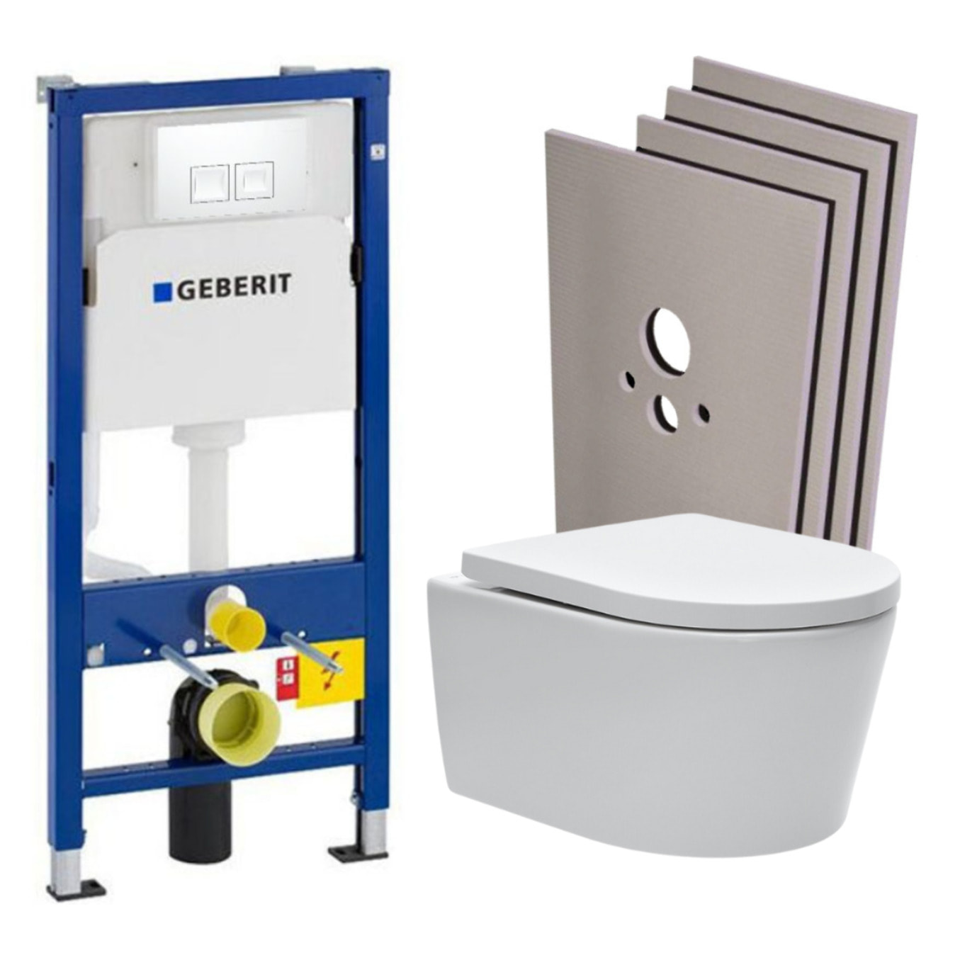 Pack WC sans bride SAT, fixations invisibles + Abattant softclose + Bâti support Geberit UP100 + Plaque blanche + Set Habillage