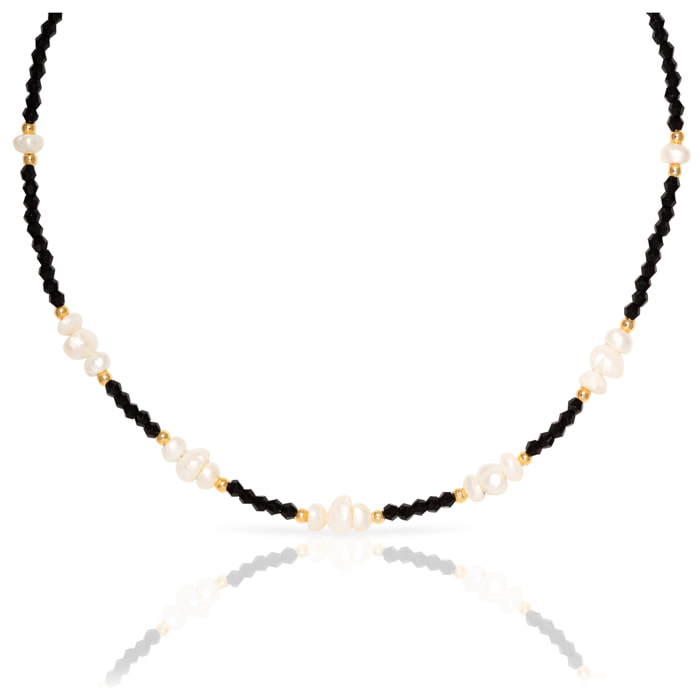 Collar de cristal de punta negra y perlas naturales con cierre de mosquetón.