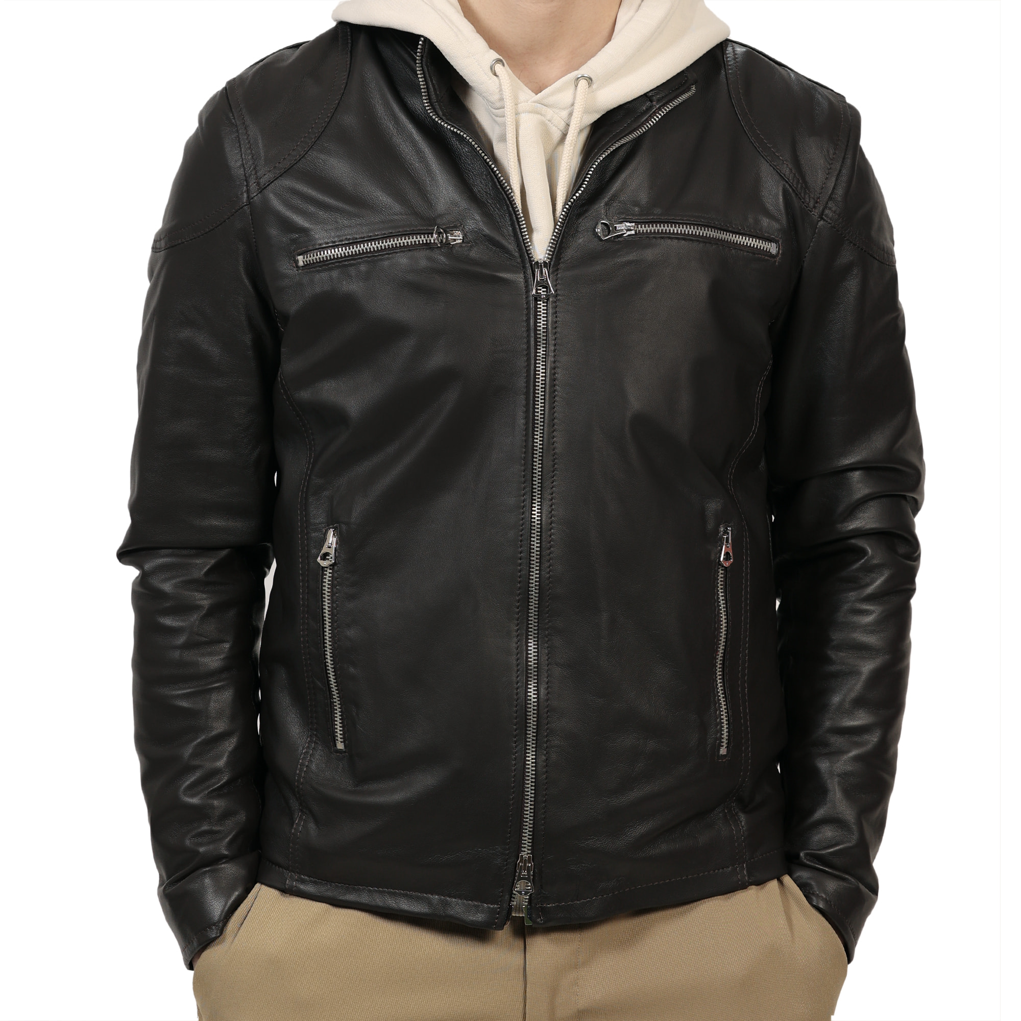 Giubbino in pelle di vitello nappa Marrone-Slim Fit