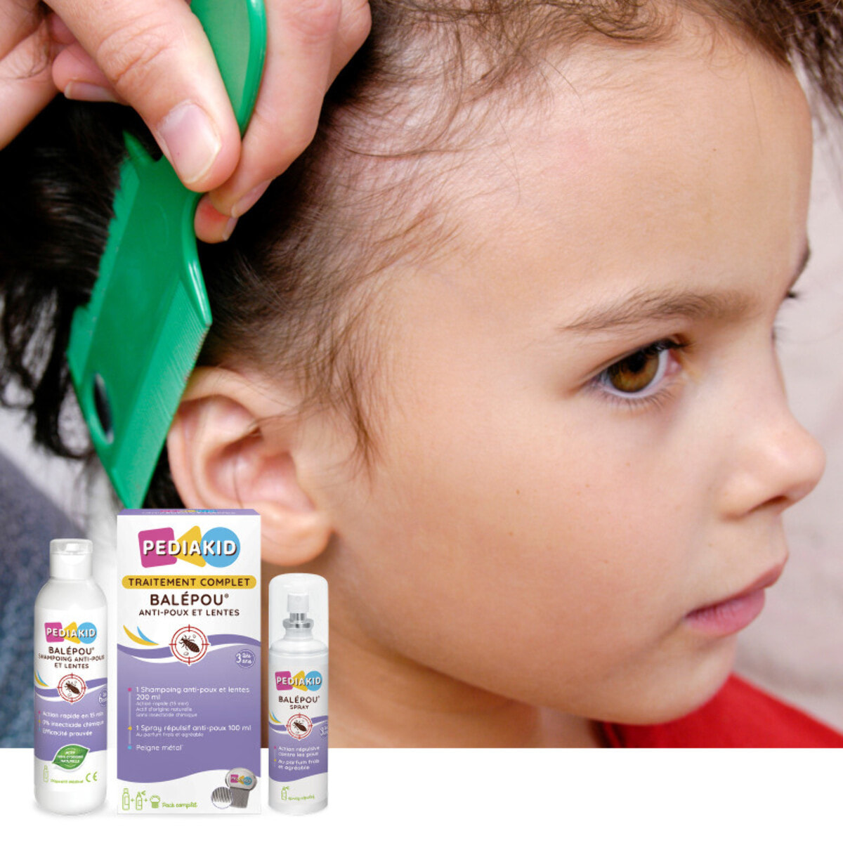 PEDIAKID - Traitement complet Balépou anti-poux et lentes - 1 Shampoing Anti-Poux et Lentes 200 ml + 1 Spray Répulsif 100 ml + 1 peigne - Lot de 3