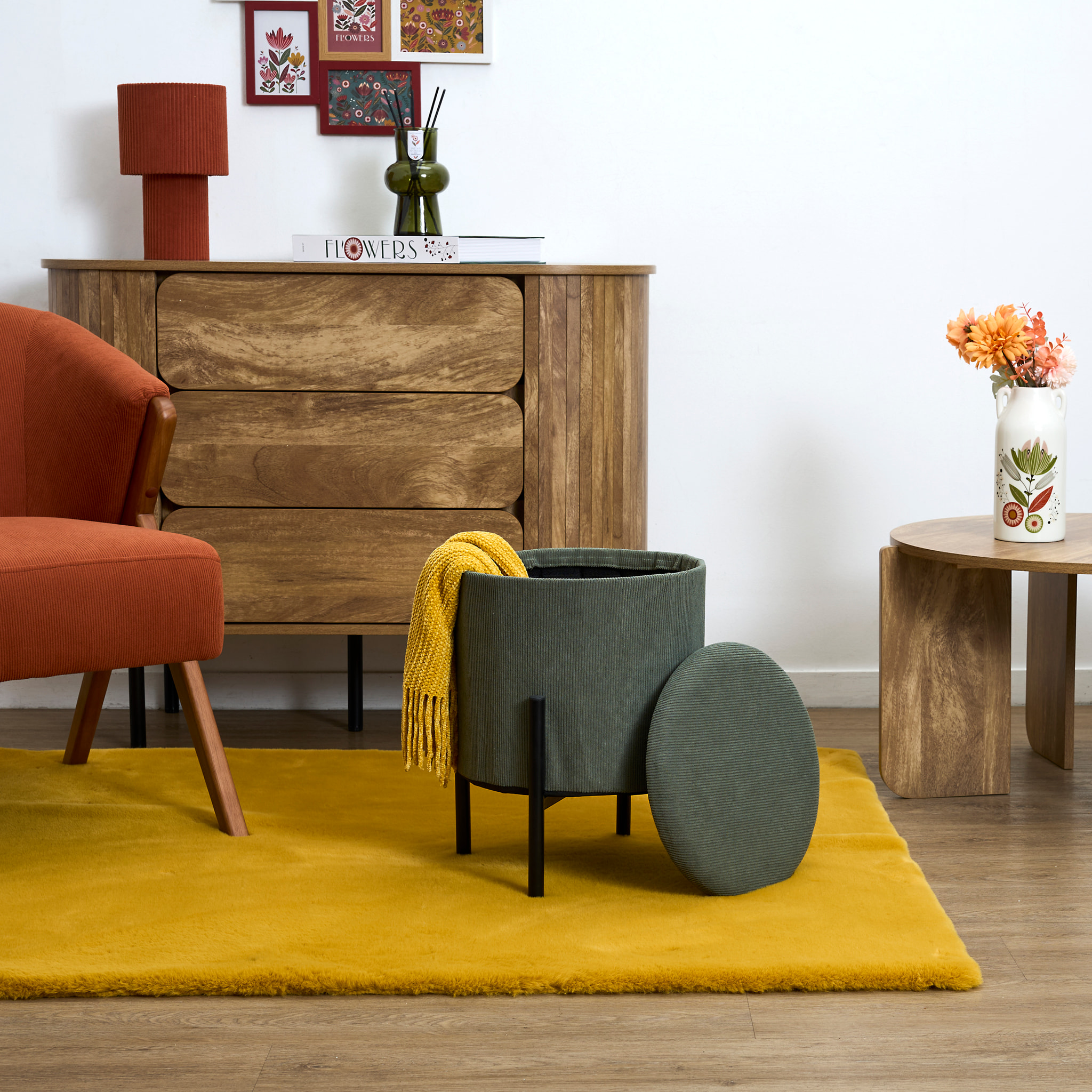 Lot de 4 Poufs - HOME DECO FACTORY - Jules - Rangement - Côtelé - Vert