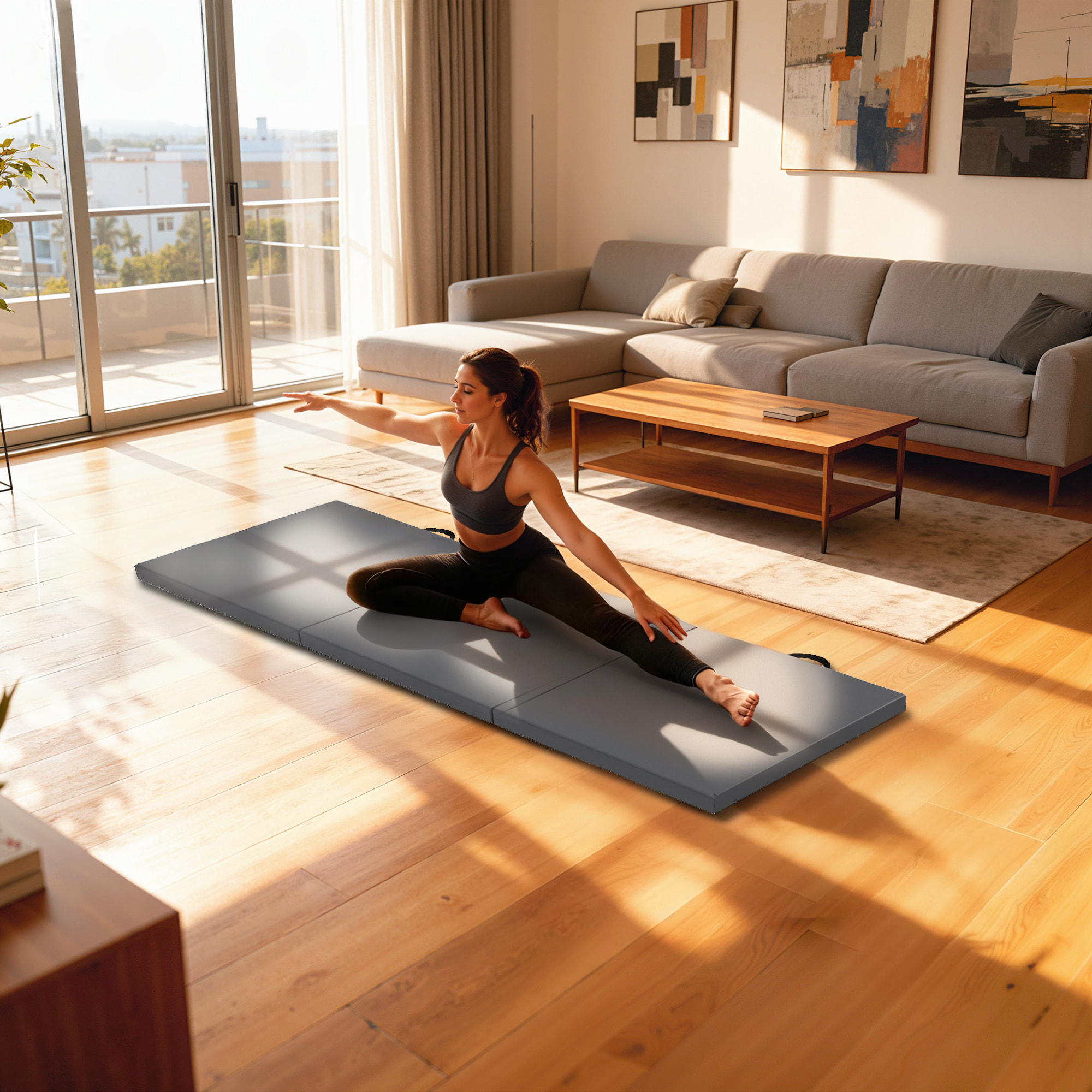 Tapis de sol gymnastique Fitness pliable portable rembourrage mousse 5 cm dim. 1,8L x 0,6l m revêtement synthétique gris