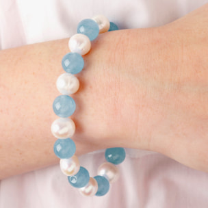 PERLAVIVA - Bracciale Elastico con Agata Celeste e Perle Bianche d'Acqua Dolce Ø 10 mm