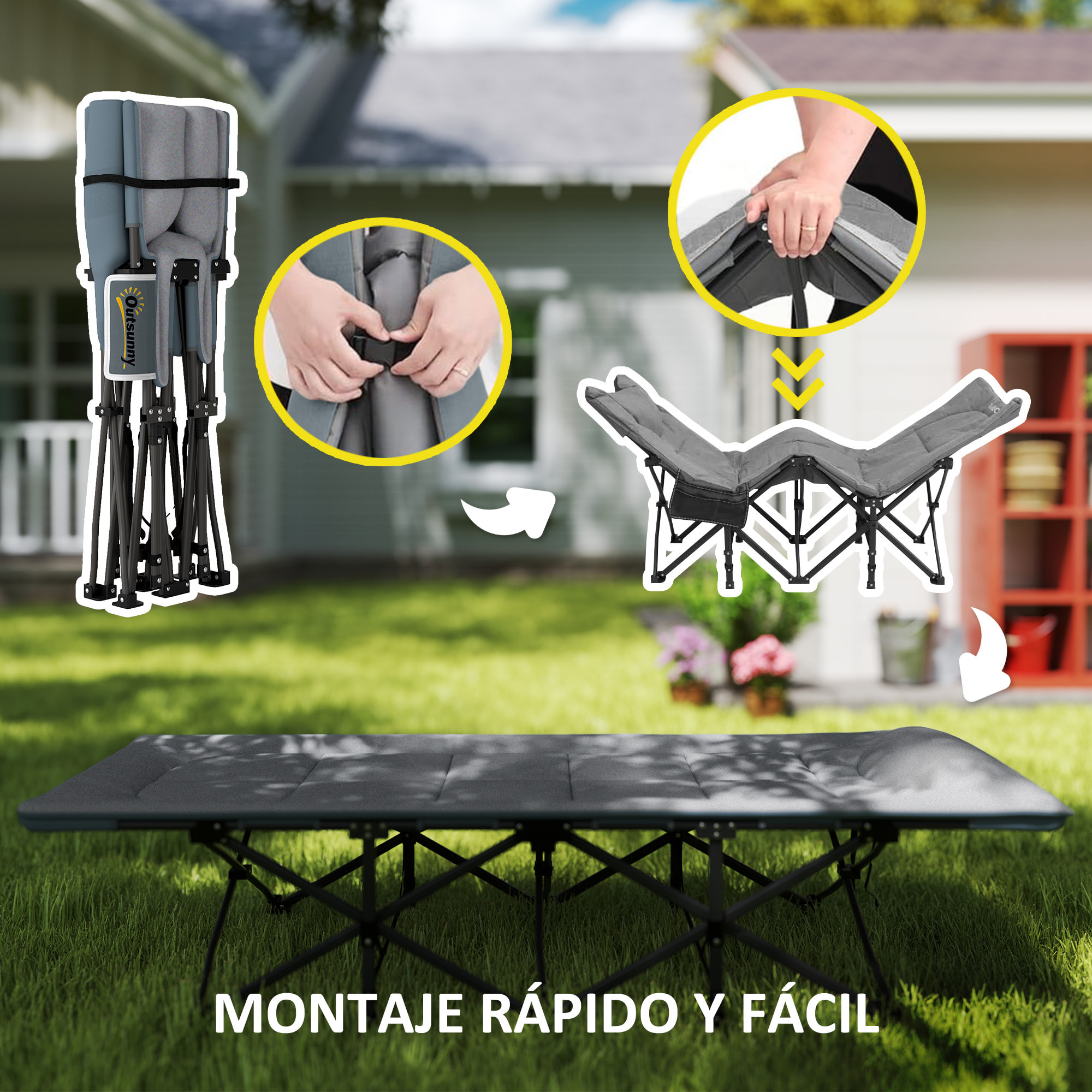 Cama Plegable Camping Cama de Acampada Portátil Tumbona de Camping con Reposacabezas y Bolsillo Lateral Carga 150 kg para Playa Senderismo 187x67x37 cm Gris
