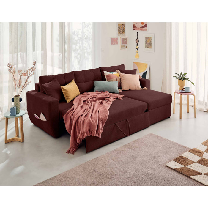Astoria - canapé d'angle réversible 4 places - convertible avec coffre - en tissu texturé - Prune