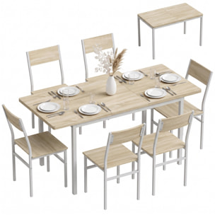 Conjunto de Mesa y 6 Sillas de Comedor de 7 Piezas, Mesa de Cocina Extensible 120-160 cm con 6 Sillas, Ahorro de Espacio, para 4-6 Personas, Marco Metálico, Efecto Roble