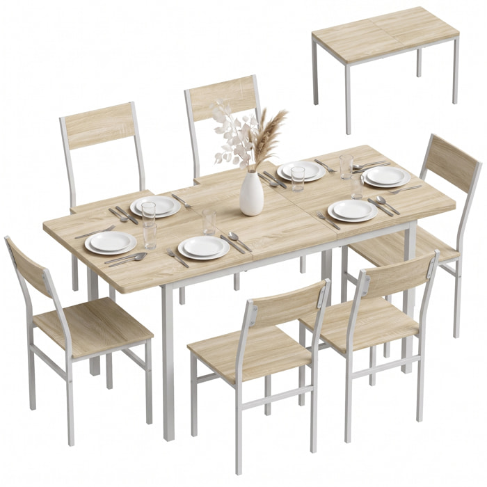 Conjunto de Mesa y 6 Sillas de Comedor de 7 Piezas, Mesa de Cocina Extensible 120-160 cm con 6 Sillas, Ahorro de Espacio, para 4-6 Personas, Marco Metálico, Efecto Roble