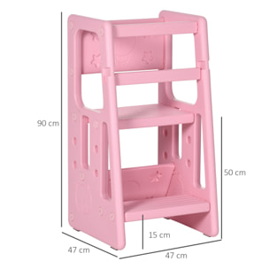 HOMCOM Torre de Aprendizaje para Niños Taburete Infantil con Altura Ajustable en 3 Posiciones y Plataforma Antideslizante para Cocina Comedor Baño 47x47x90 cm Rosa