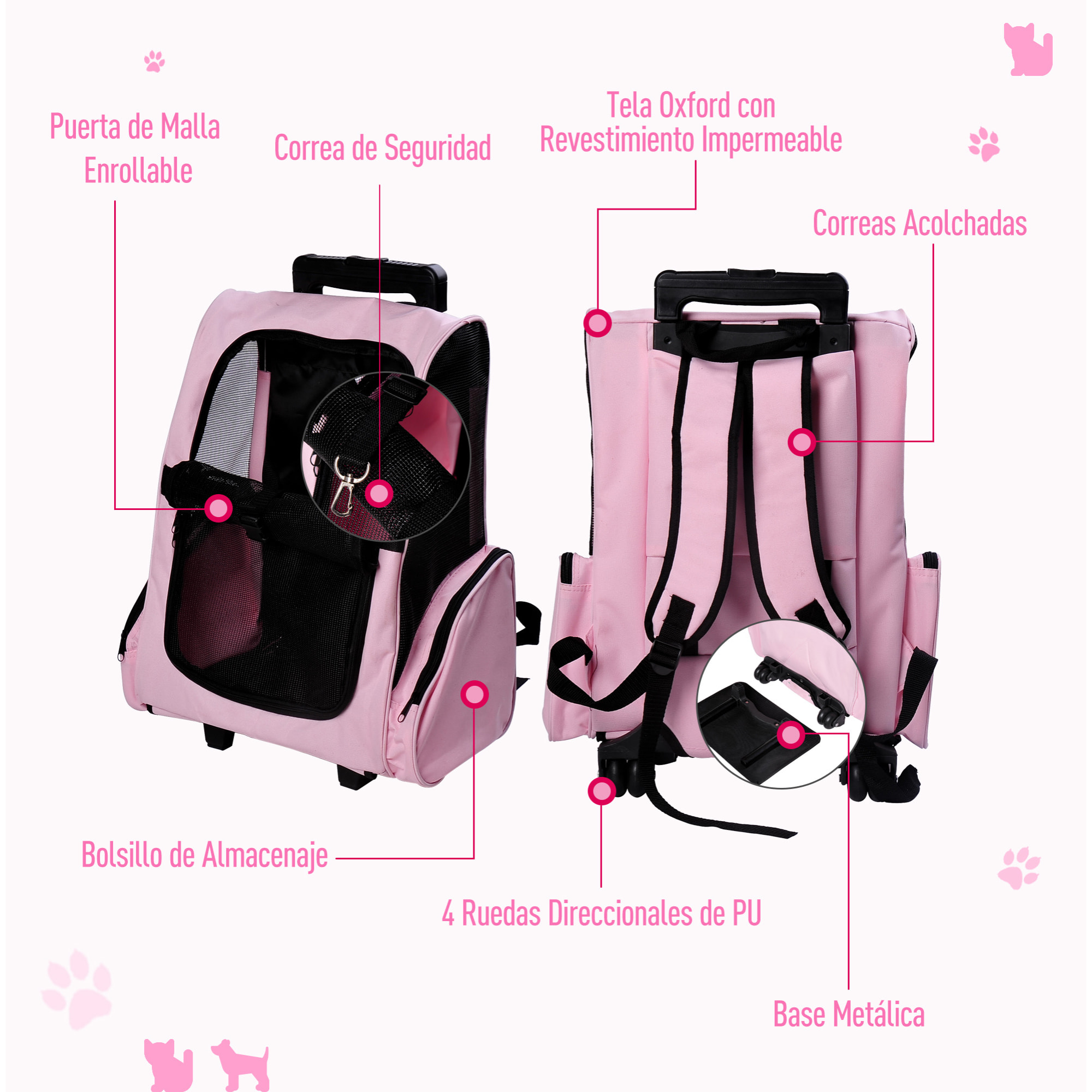 Transportin Carrito para Mascotas de Oxford 36x30x49cm Rosa