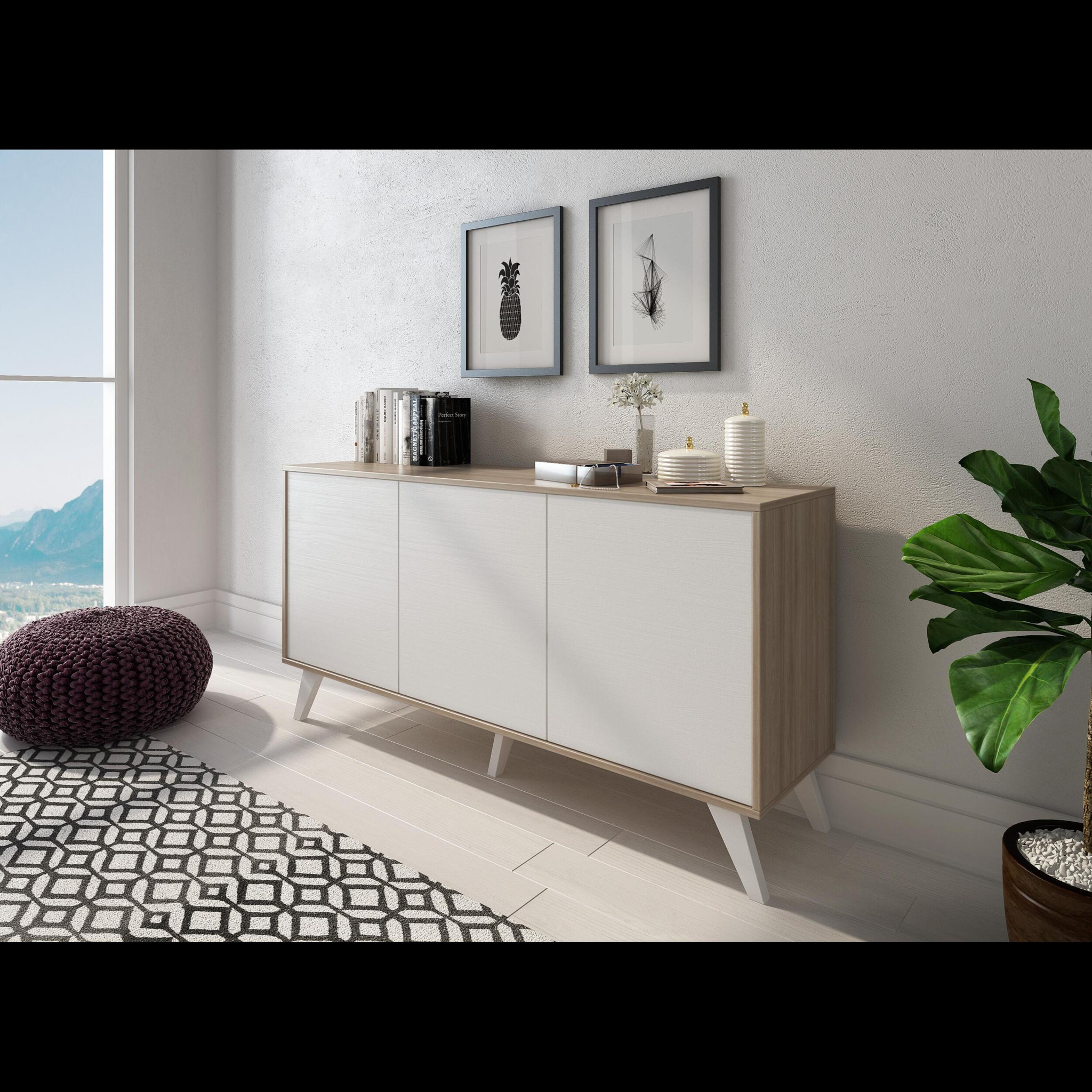 Credenza Moderna Madia 3 Ante Senza Maniglie Design Minimal Con Piedini RialzatiPer Soggiorno Ingresso Corridoio 154 x 72 x 40 Cm Bianco e Rovere