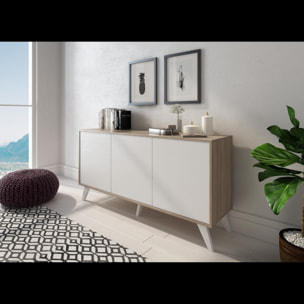 Credenza Moderna Madia 3 Ante Senza Maniglie Design Minimal Con Piedini RialzatiPer Soggiorno Ingresso Corridoio 154 x 72 x 40 Cm Bianco e Rovere