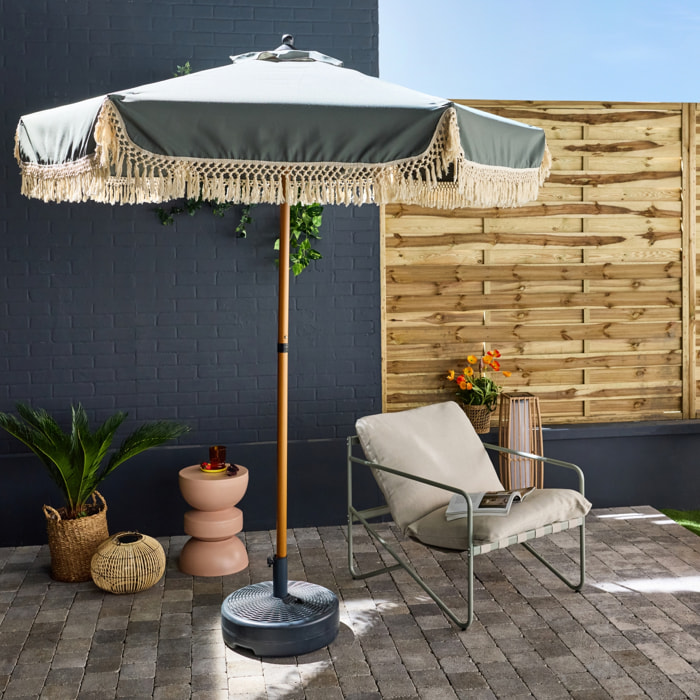 Parasol HOSSEGOR droit à franges 2m. kaki. acier. mât effet bois. UPF 30+. D 200 x H 225 cm
