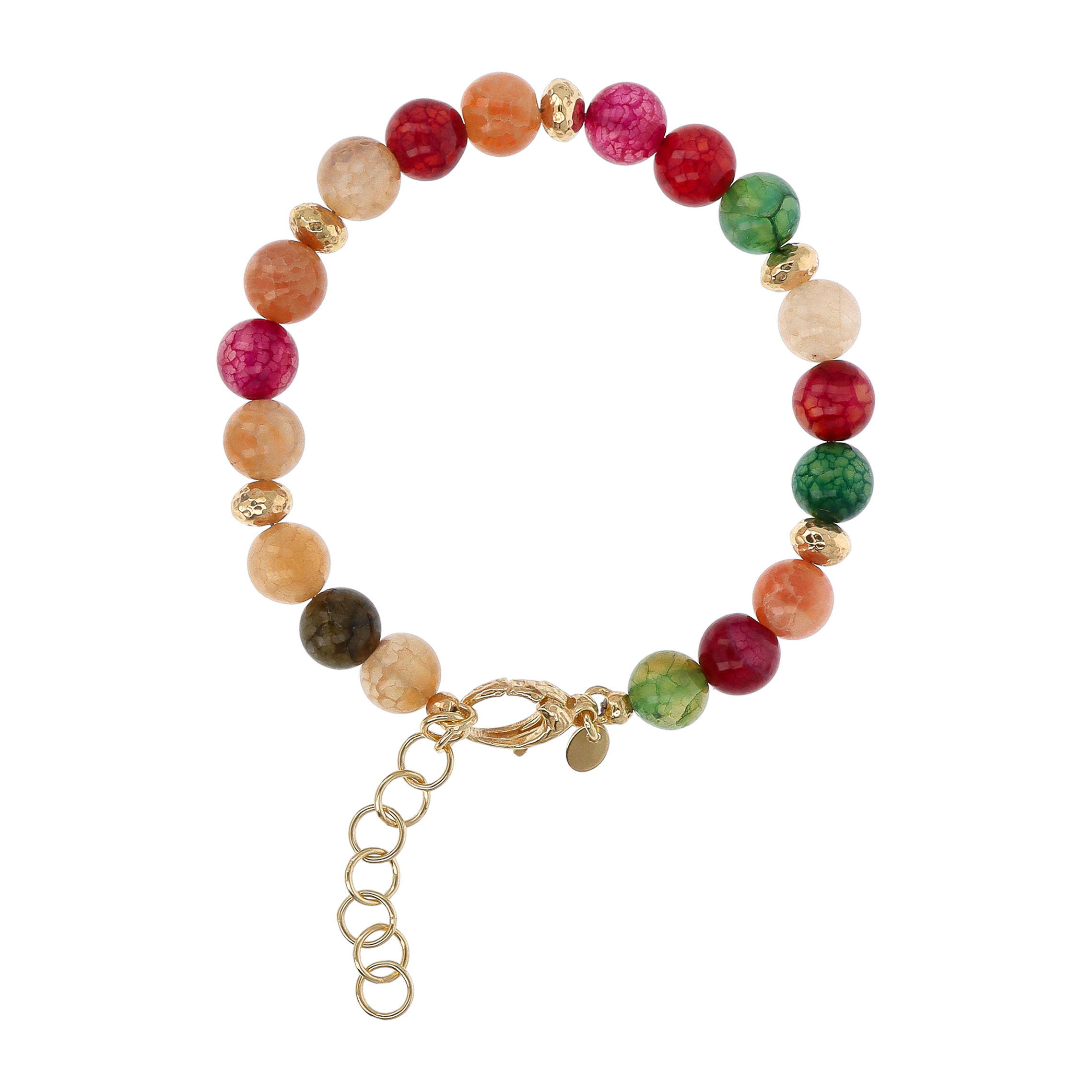 Bracciale in Argento 925 placcato Oro Giallo 18Kt con Elementi Martellati e Sfere in Agata Multicolore Sfaccettata