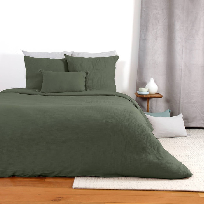 Parure de lit en double gaze de coton - Vert Olive