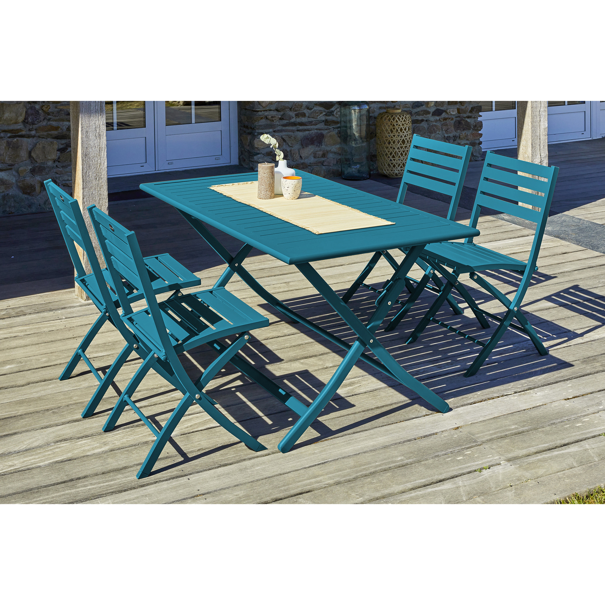 MARIUS - Ensemble repas de jardin 4 places en aluminium bleu canard