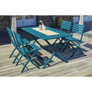 MARIUS - Ensemble repas de jardin 4 places en aluminium bleu canard