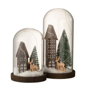 J-Line décoration Cloche Village de Noël - verre/bois - marron/vert - large - LED