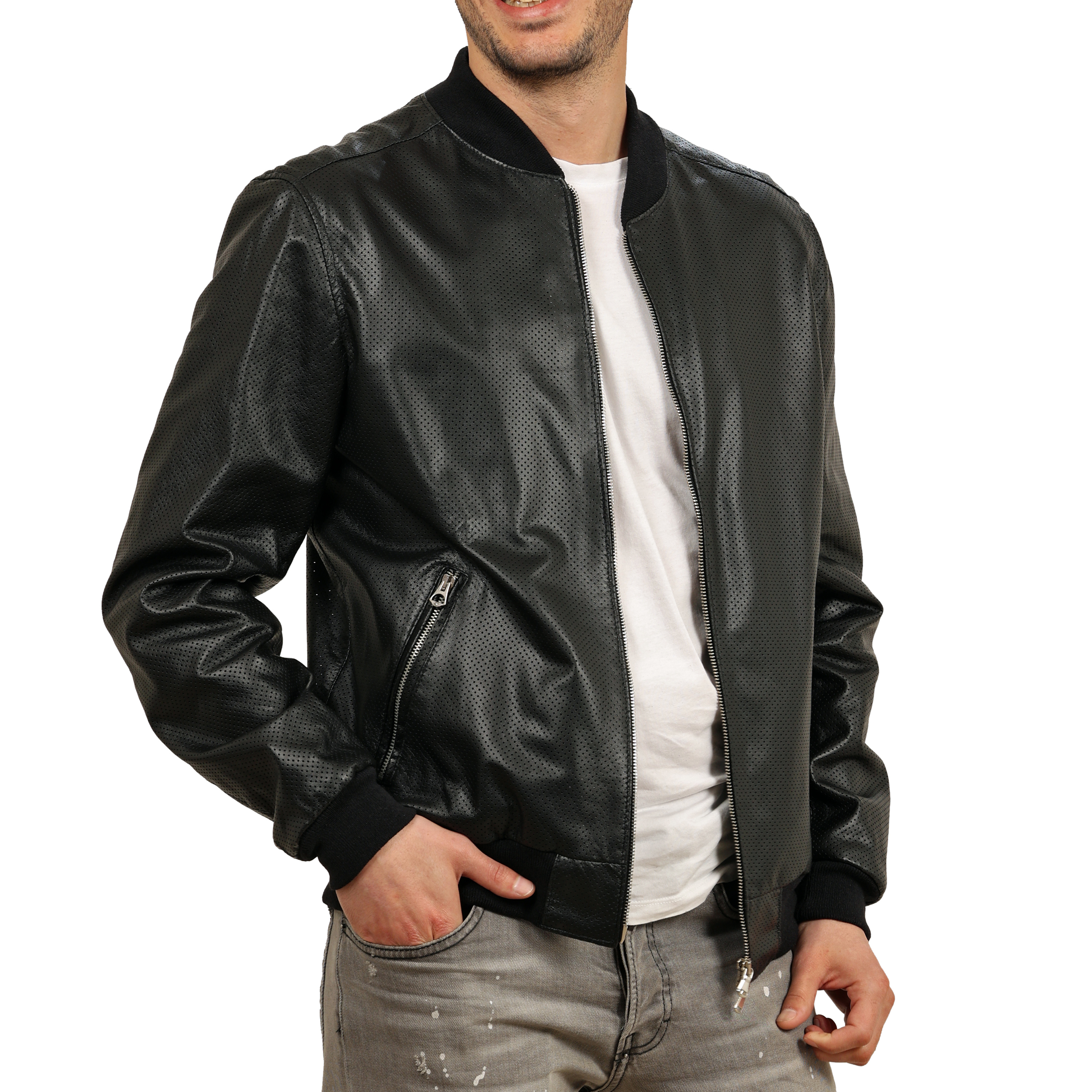 Bomber in pelle di vitello traforato Nero-Slim Fit