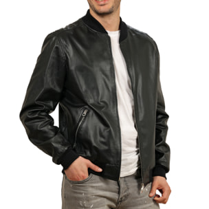 Bomber in pelle di vitello traforato Nero-Slim Fit