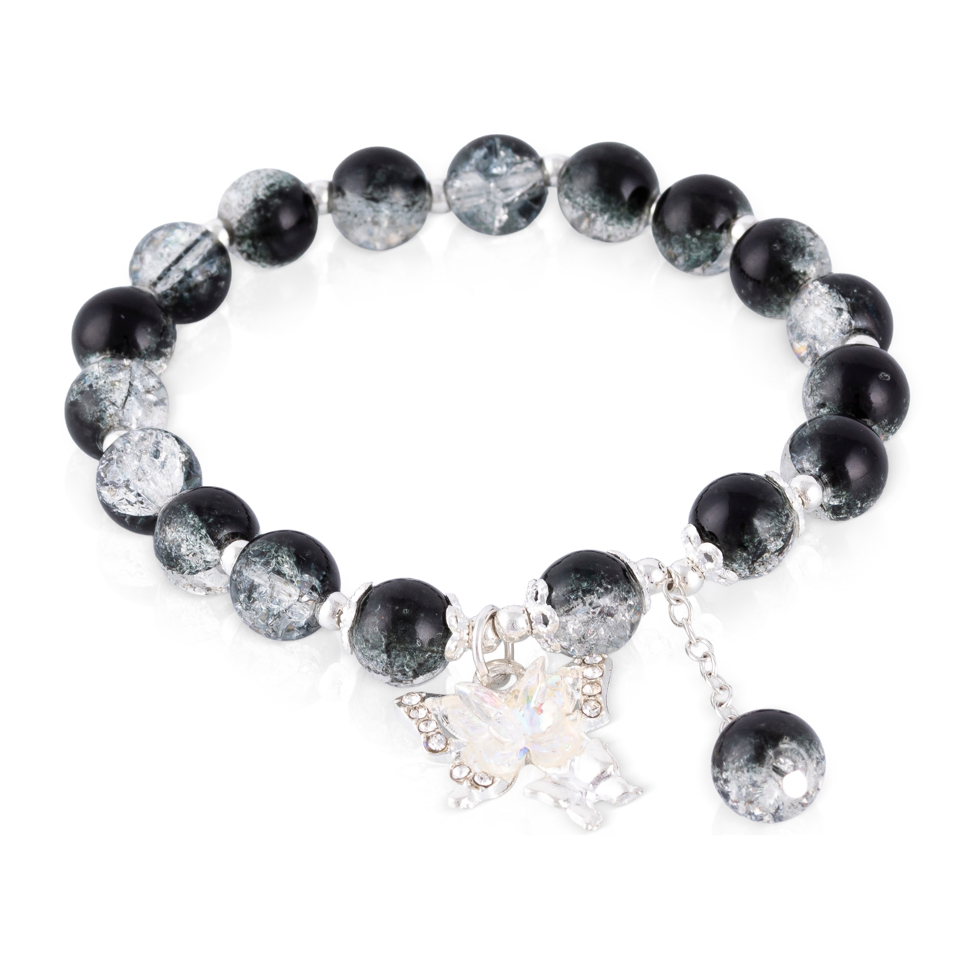 Set de 6 pulseras elásticas con cuentas de cristal y diseños multicolor, rosa, negro, azul, multicolor y verde.