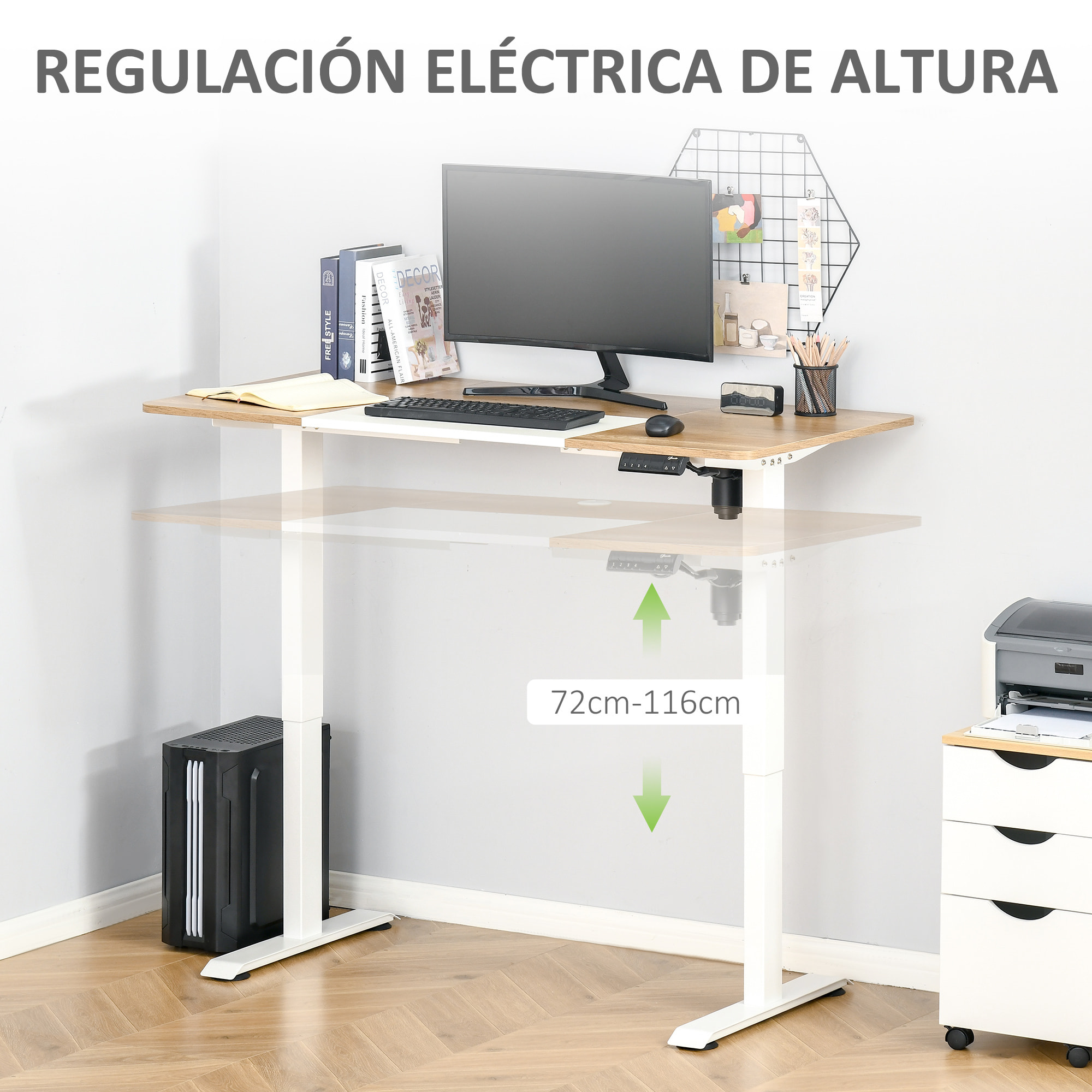 Escritorio de Pie Soporte de Escritorio con Altura Ajustable y 4 Teclas de Memoria para Oficina Hogar 140x70x72-116 cm Blanco y Natural