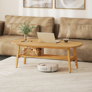 Mesa de Centro de 2 Niveles, Mesa baja para Salón Moderno con Estante Abierto Inferior y Patas de Madera de Caucho, para Sala de Estar, Dormitorio, 120x60x42cm, Natural