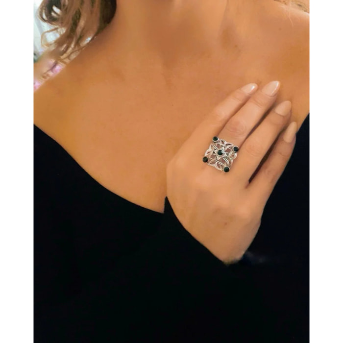 Anillo cuadrado Enredado en plata 10µm y cristal