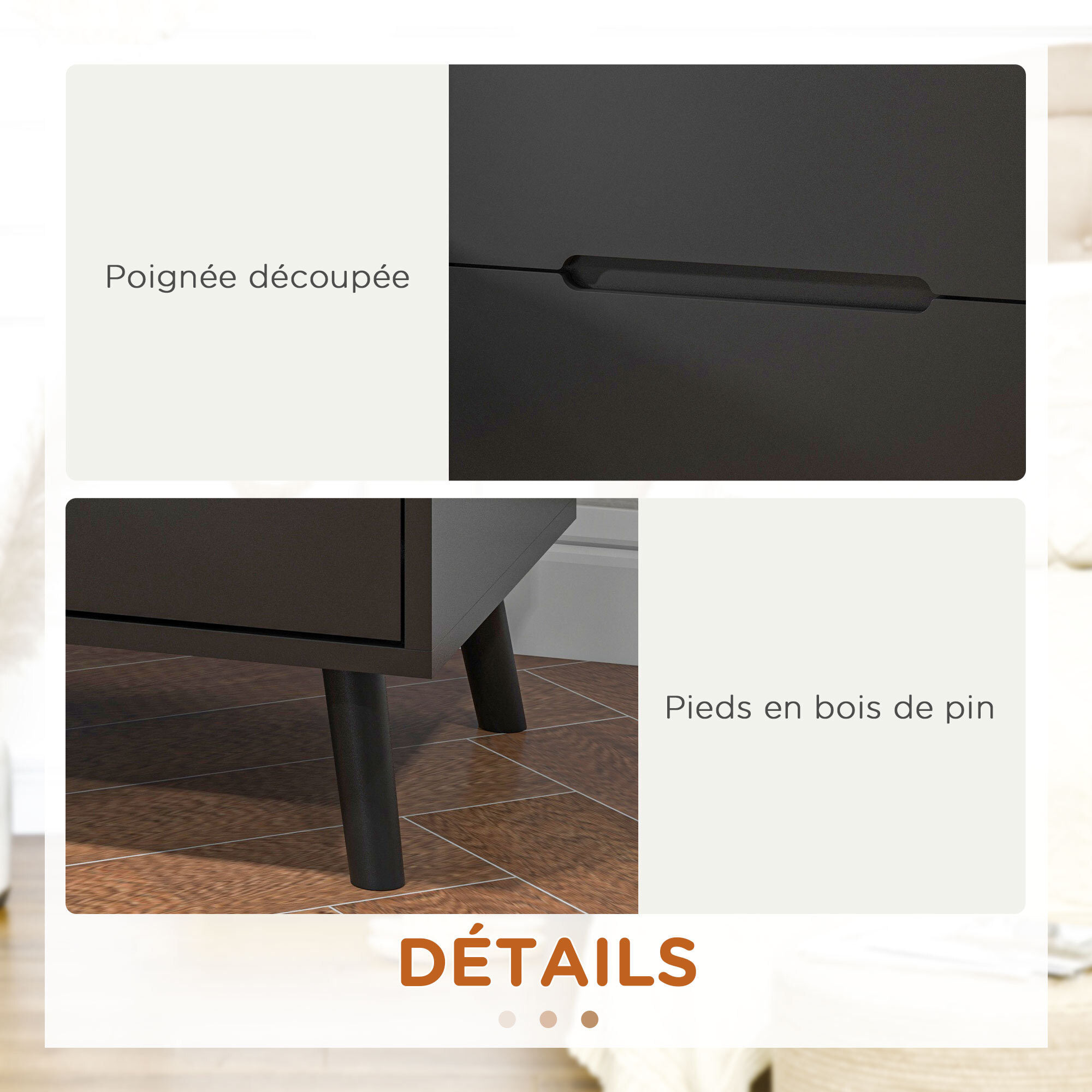 Chevet 2 tiroirs table de nuit style nordique dim. 50 x 40 x 50,5 cm noir