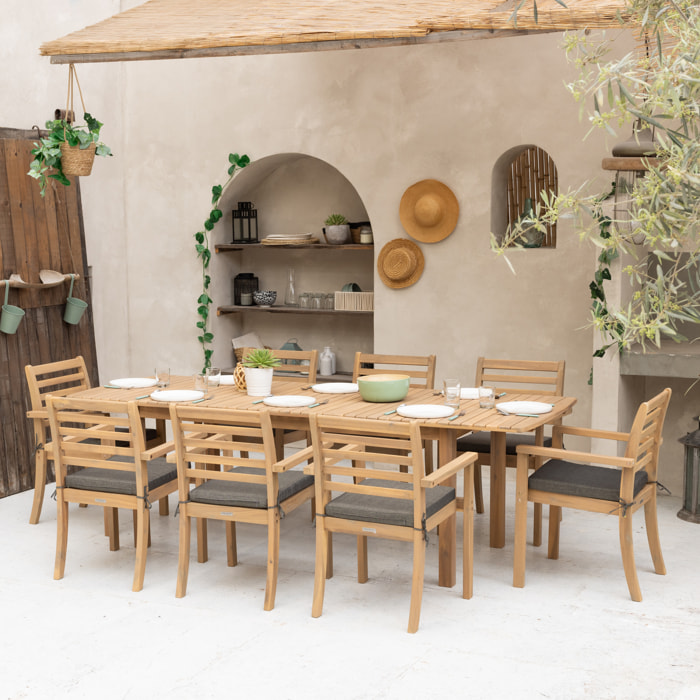 Salon de jardin extensible 180/240cm PADAR en acacia 8 places - coussins gris