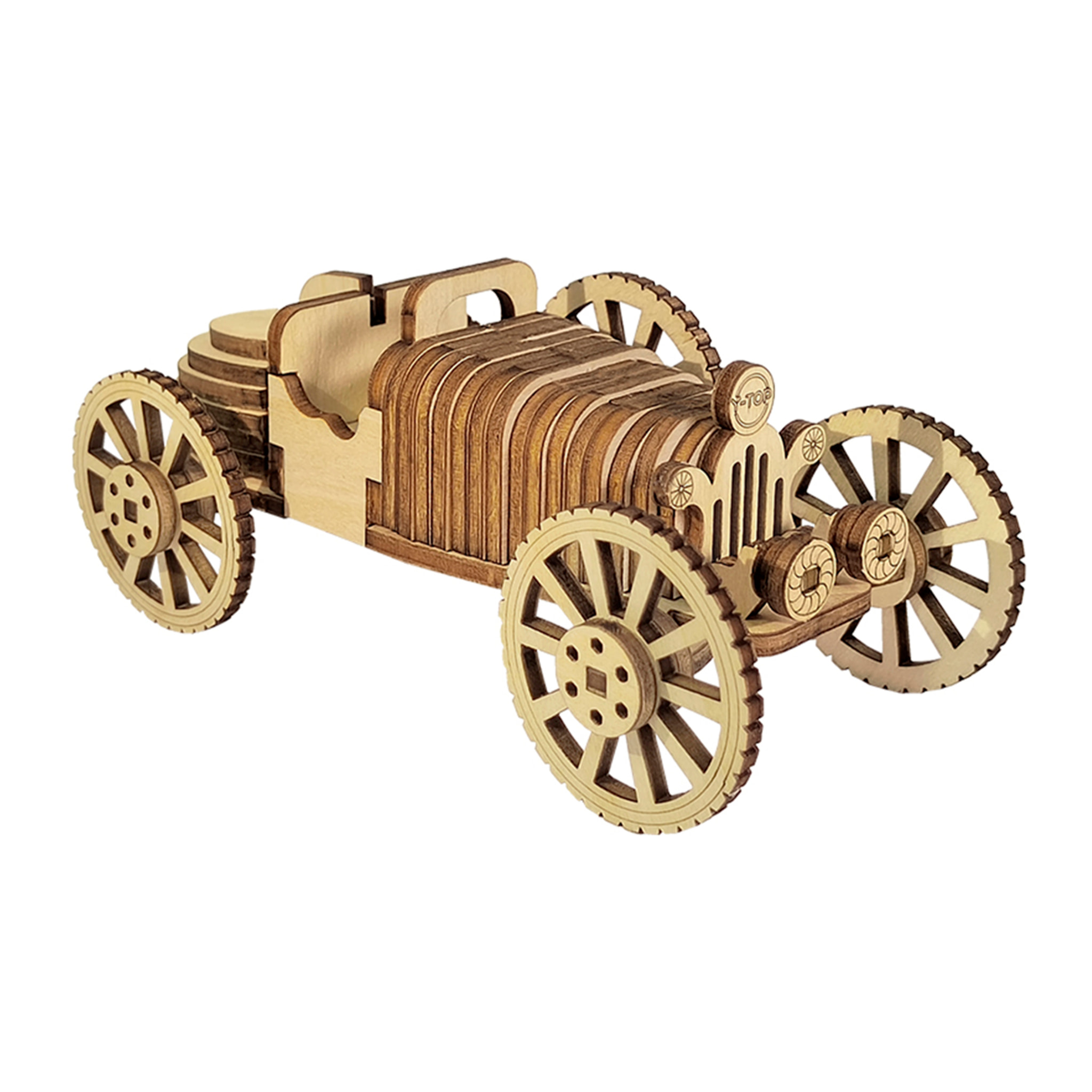 Maqueta de Madera 3D, con movimiento mecánico diseño de Coche retro. 54 piezas.