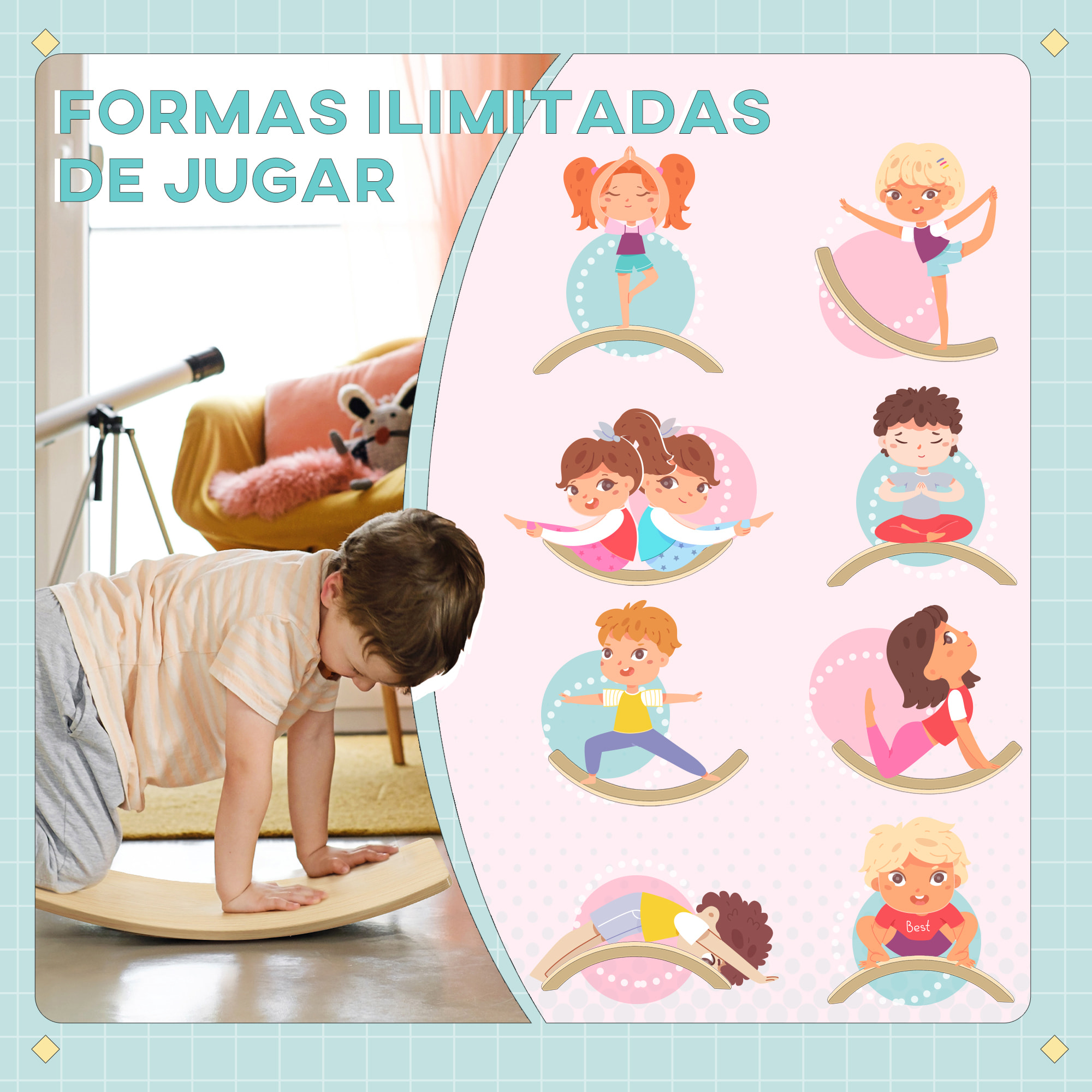 Tabla de Equilibrio para Niños de +3 Años Tabla Curva de Madera Carga 50 kg para Entrenamiento Sensorial Equilibrio 90x29x19 cm Natural